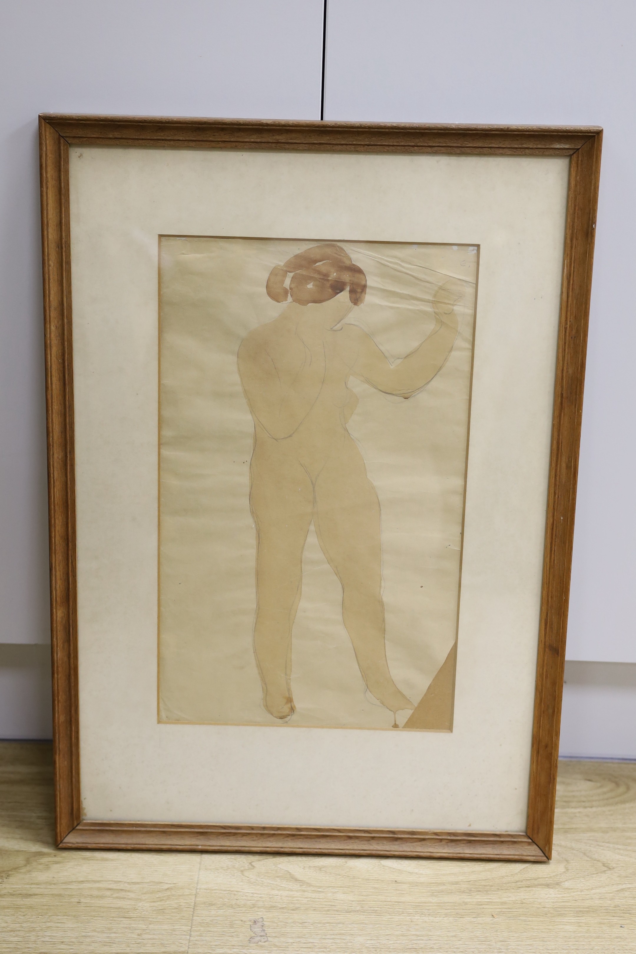 'From the Estate of Dame Elizabeth Frink', watercolour and pencil, Study of a nude, initialled E, 42 x 25cm